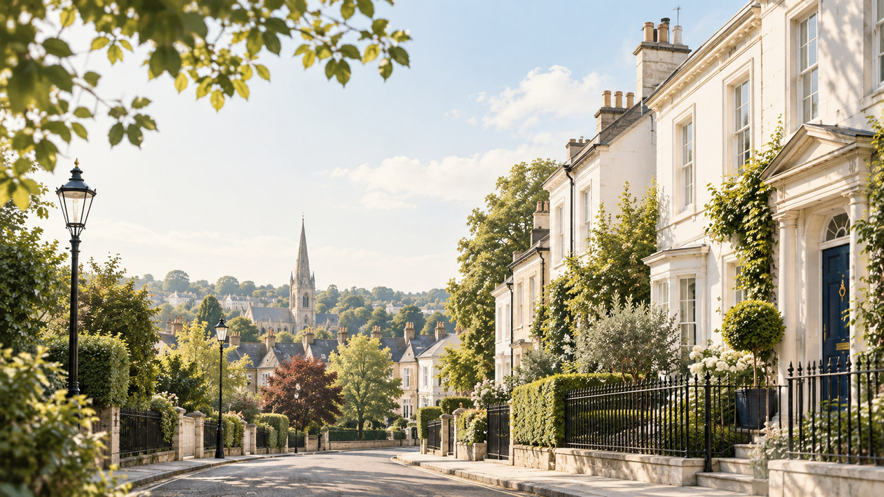 A tree-lined residential street of white period houses with a church spire beyond